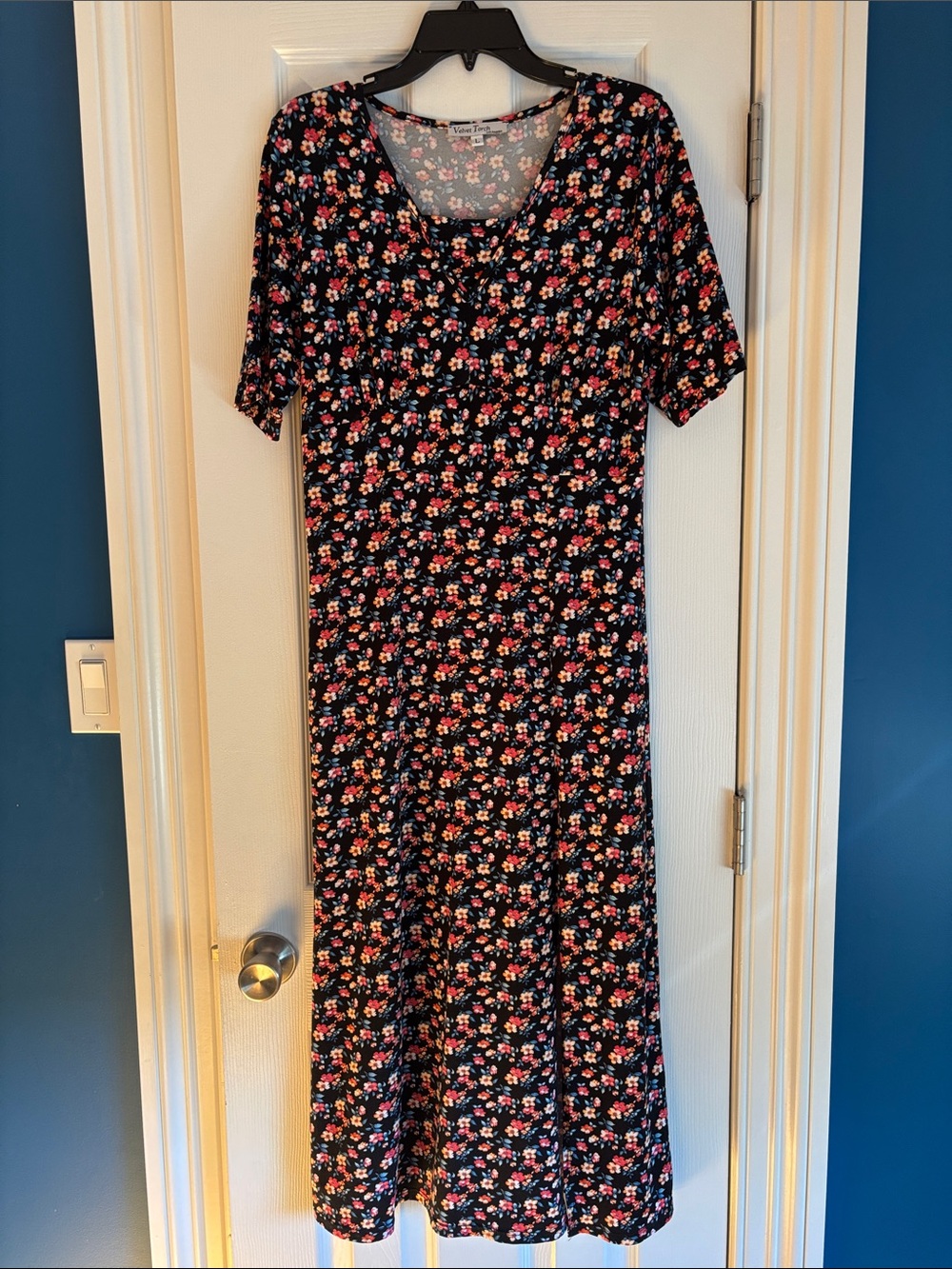 Velvet Torch Black Maxi Dress with Pink & Red Floral Print